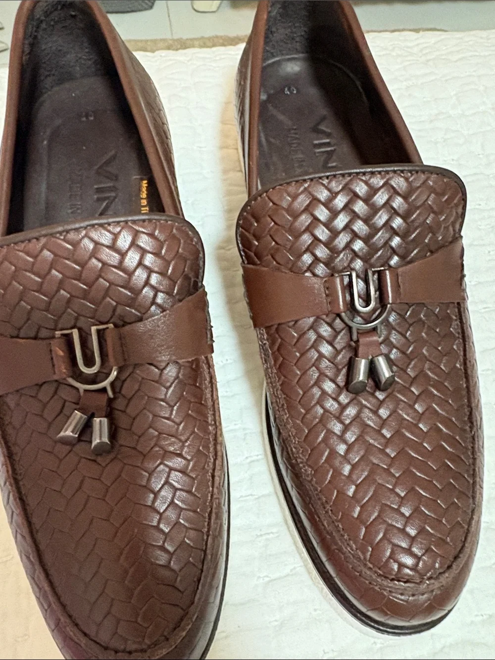 Vince Brown Woven Leather Tassel Slip-On Loafers